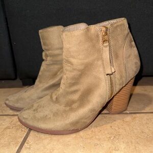 Boots Tan Suede Ankle Booties with Stacked Wood Heel and Side Zip